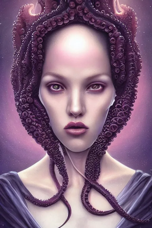 Image similar to portrait of an elegant alien octopus woman queen, straight on portrait, by artgerm, tom bagshaw, gerald brom, vaporwave colors, lo - fi colors, vaporwave, lo - fi, moody vibe, goth vibe, 4 k, hd,