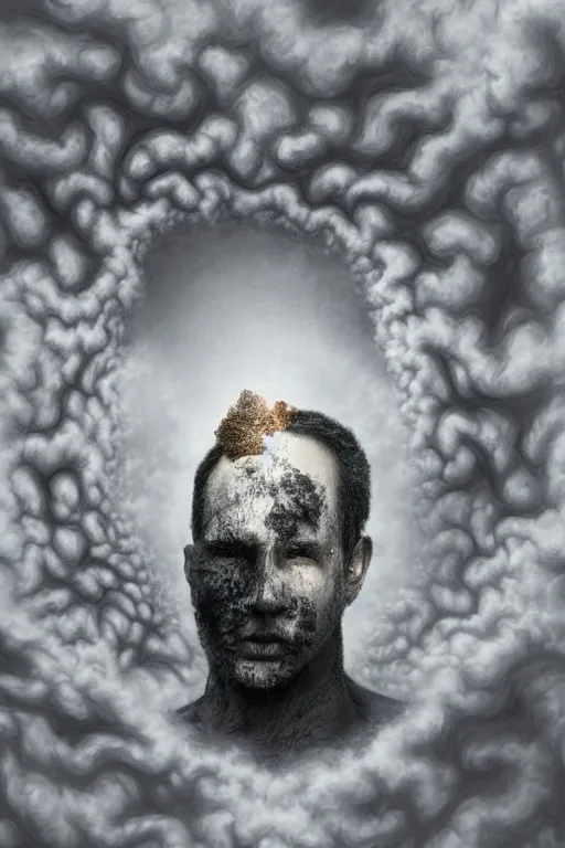 Prompt: dramatic matte portrait painting of man with black mandelbrot fractal instead of face, horror, body horror, dark art,