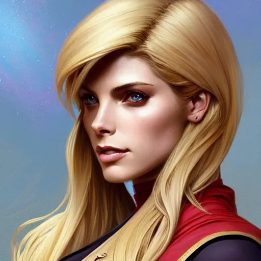 Image similar to Ashley Greene with blonde hair as Power Girl, western, D&D, fantasy, intricate, elegant, highly detailed, digital painting, artstation, concept art, matte, sharp focus, illustration, art by Artgerm and Greg Rutkowski and Alphonse Mucha