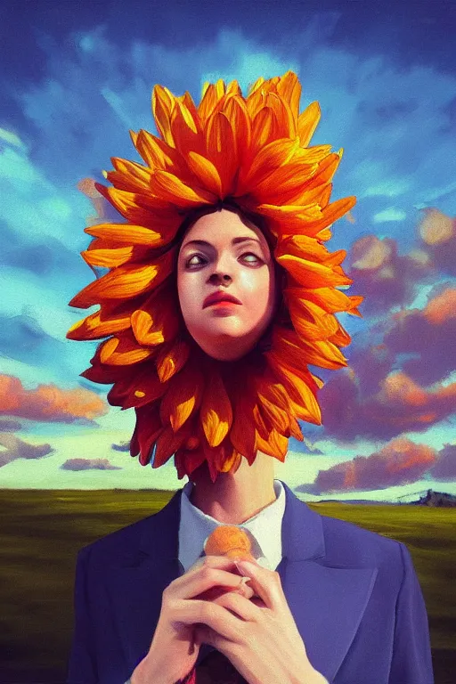 Image similar to closeup giant dahlia flower head, girl in a suit on a street, surreal photography, blue sky, sunrise, dramatic light, impressionist painting, digital painting, artstation, simon stalenhag