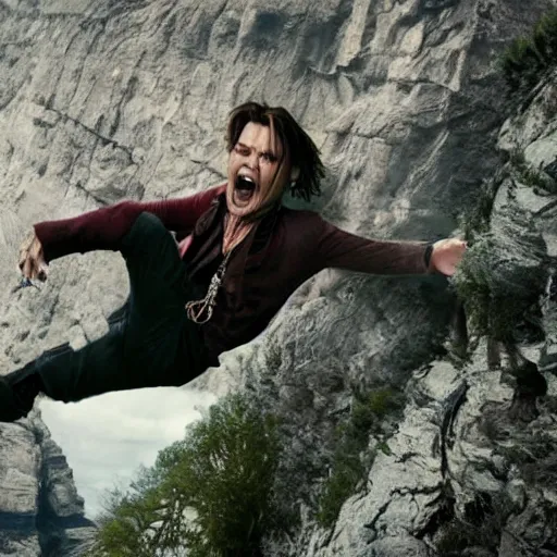 Prompt: johnny depp falling down a cliff with the camera pointing downwards at his face as you can see him scream while falling down the cliff, realistic, movie scene, dramatic, hdr, clear image,