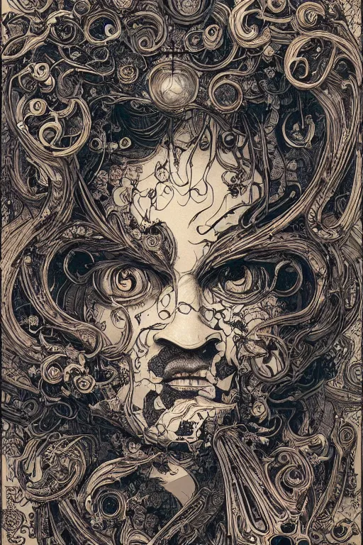 Prompt: portrait of thousands of cartoon faces that are made up of faces, black paper, baroque, rococo, tarot card with ornate border frame, marc Simonetti, paul pope, peter mohrbacher, detailed, intricate ink illustration