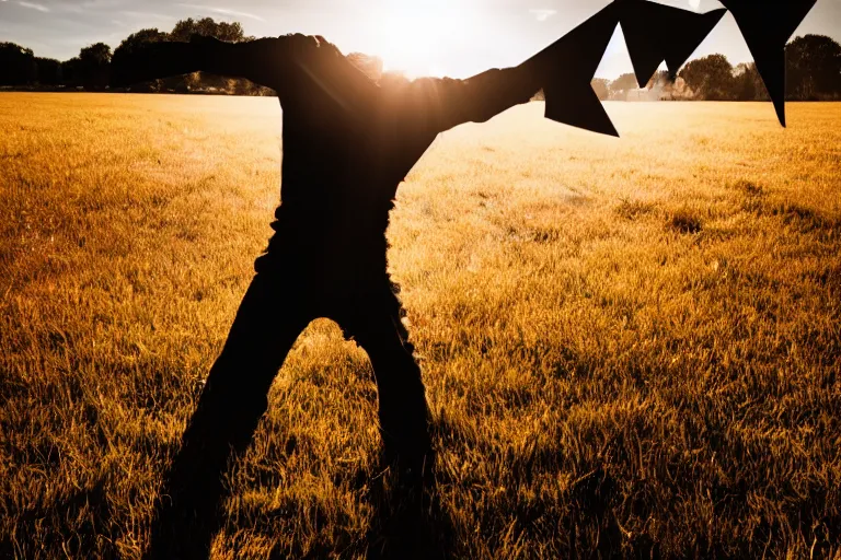 Image similar to a man made of origami dancing, dramatic lighting, with bokeh effect in a sunny meadow