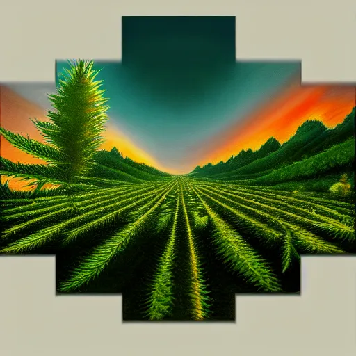 Image similar to an amazing deep painting of a marijuana world, intricate detail, sunset, idyllic, serene, volumetric lighting, 8 k, photorealistic, digital art trending on artstation