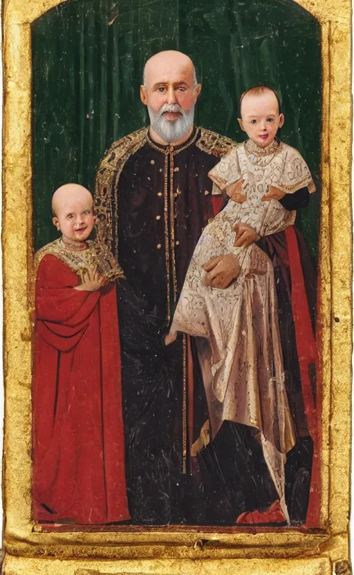 Prompt: photograph of a smiling byzantine emperor with his beloved son and daughter,