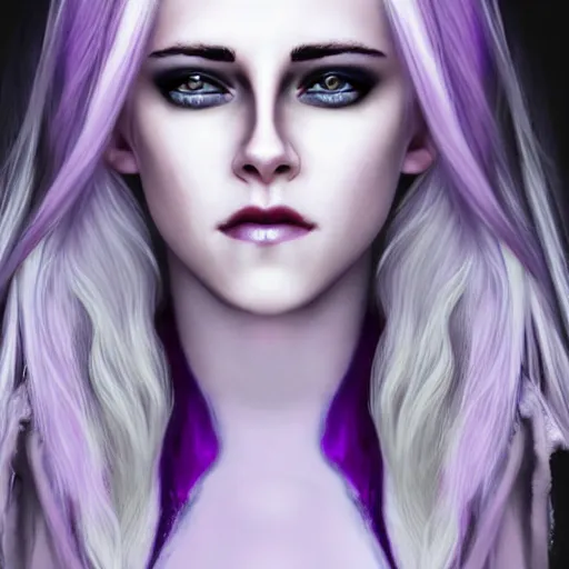 Image similar to Kristen Stewart as a Drow Elf wizard with white hair and purple skin. Photorealistic digital art.
