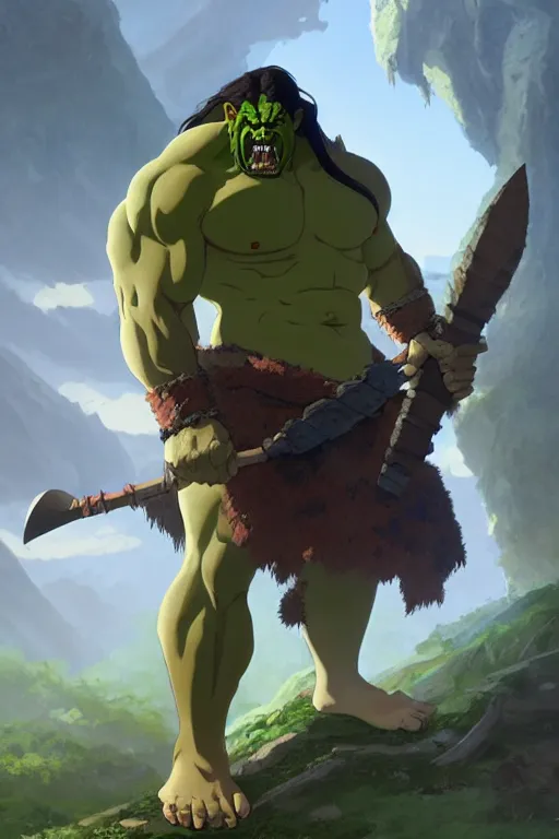 Image similar to orc barbarian male, green skin, exquisite details, big axe, earth magic, mid view, design on a white background, by studio muti, greg rutkowski makoto shinkai takashi takeuchi studio ghibli