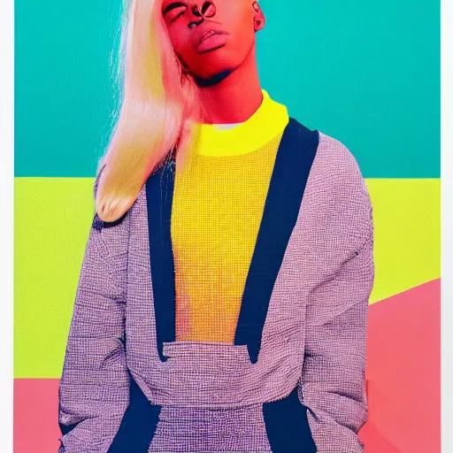 Prompt: halftone risograph print of a new balenciaga lookbook, blonde woman, photo in style of tyler mitchell, 3 5 mm,