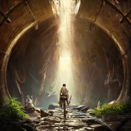 Image similar to paradise at the end of the tunnel concept art by Doug Chiang cinematic, realistic painting, high definition, digital art, symmetrical, very detailed, extremely high detail, photo realistic, concept art, unreal engine 5, album cover,