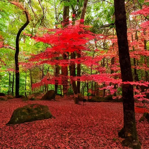 Prompt: a forest with back trees that have vibrant red leaves