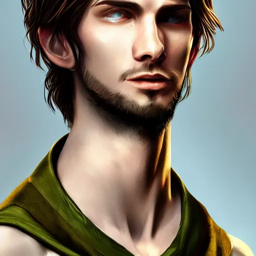 Prompt: realistic portrait, 25 years old man :: athletic fantasy mage :: green eyes, long brown hair :: wearing a robe :: high detail, digital art, RPG, concept art, illustration