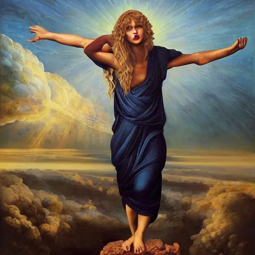 Image similar to Full body oil painting of Taylor Swift, wearing a peplos, hair natural disheveled, approaching heaven over the clouds, naturalism, dramatic lighting, high-detailed oil painting by Ilya Repin, Michelangelo da Caravaggio, William Blake, Alex Grey and Beksinski, trending on Artsation, hystorical painting, naturalism, masterpiece, 4k, 8k