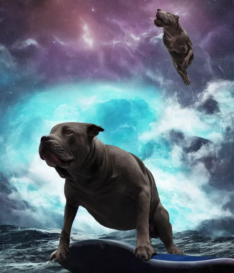 Image similar to photo of a dark gray coat pit bull with a white paws!, surfing on a surfboard in a crashing wave of alien ocean in space, background is an alien galaxy, aliens in the background, alien colors, octane render, unreal engine, wide view, 8 k, highly detailed