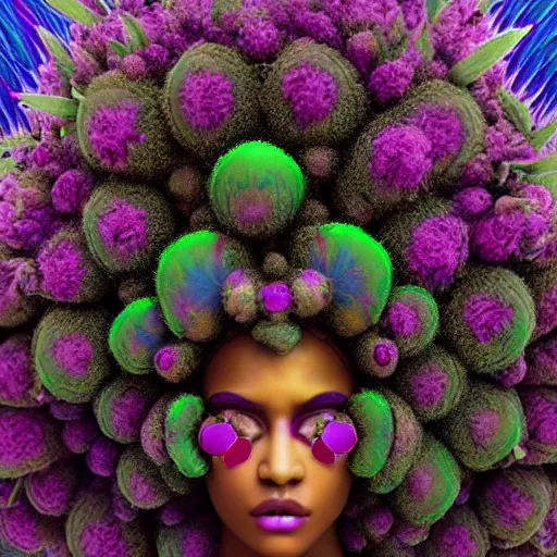 Image similar to a female african marijuanna! shaman with an afro made of flowers, third eye art art by machina infinitum, complexity from simplicity, rendered in octane, mandelbulb 3 d, ambient occlusion, macro photography, felt!!! texture, tribal, pastel! retrowave