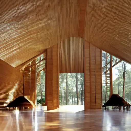 Image similar to interior photo of wood pavillion, sunbeam filtered through the ceiling, surrounded by nature, a small water mirror reflect contemporary sculptures inside the pavillion