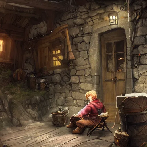 Prompt: bilbo baggins sitting down inside bag end highly detailed, digital painting, concept art, sharp focus, by makoto shinkai