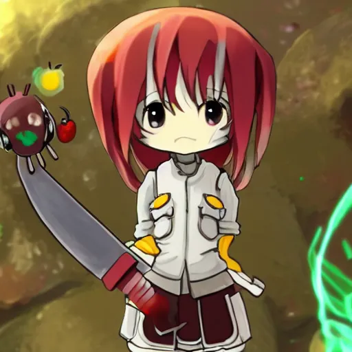 Image similar to cute android with tomato head and a carrot sword, made in abyss style