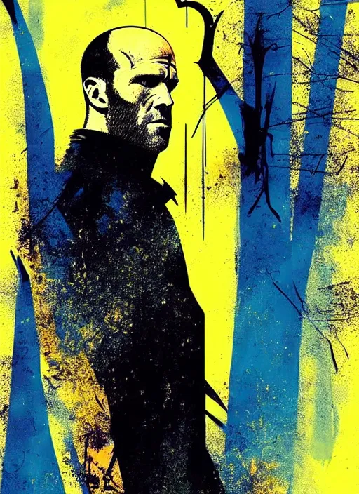 Prompt: horror art, jason statham vampire hunter, blue and gold trees in the background, art by jock