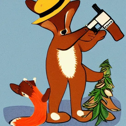 Image similar to beaver and fox with gun at party