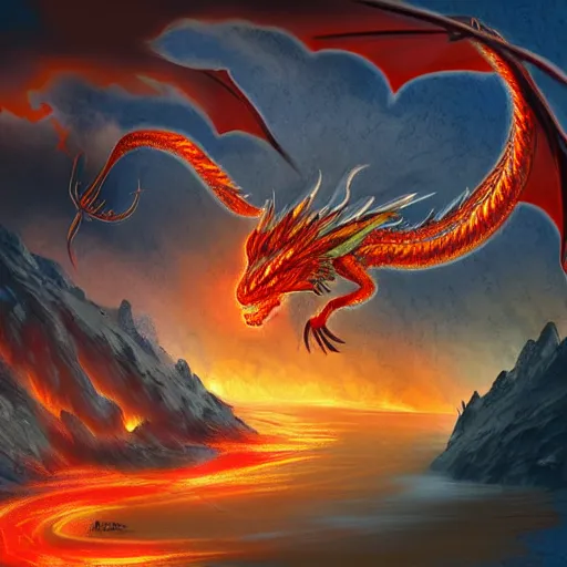 Prompt: a fire dragon getting out of a volcano, digital art, fantasy art