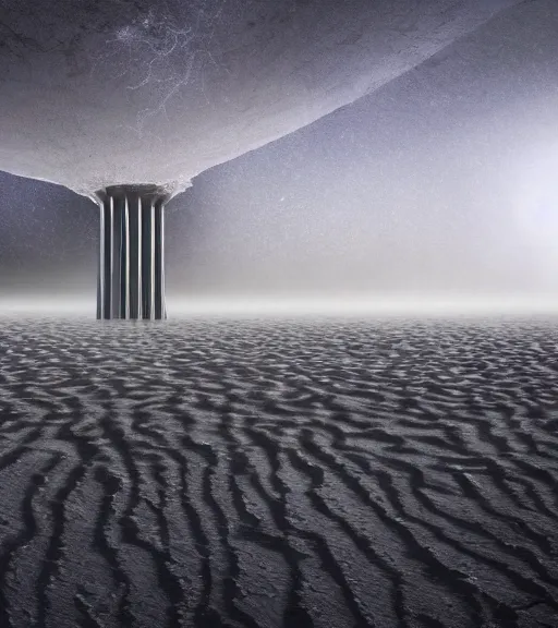 Prompt: surreal neuron city, elysian unfinished bioremediation tower made of crystalized synapse, aerial iridecent veins, moonbow, inverted white massive veins of sand in the floor, in the desert, foggy sky, dark starry night, octane render, unreal engine, pale colors, high detail, 8 k, wide angle, trending on artstation, behance