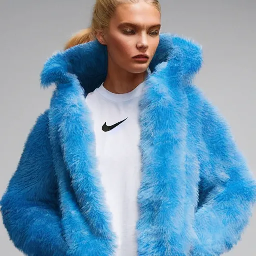 Prompt: nike jacket made of very fluffy blue faux fur : : with a reflective iridescent nike logo, professional advertising, overhead lighting, heavy detail, realistic