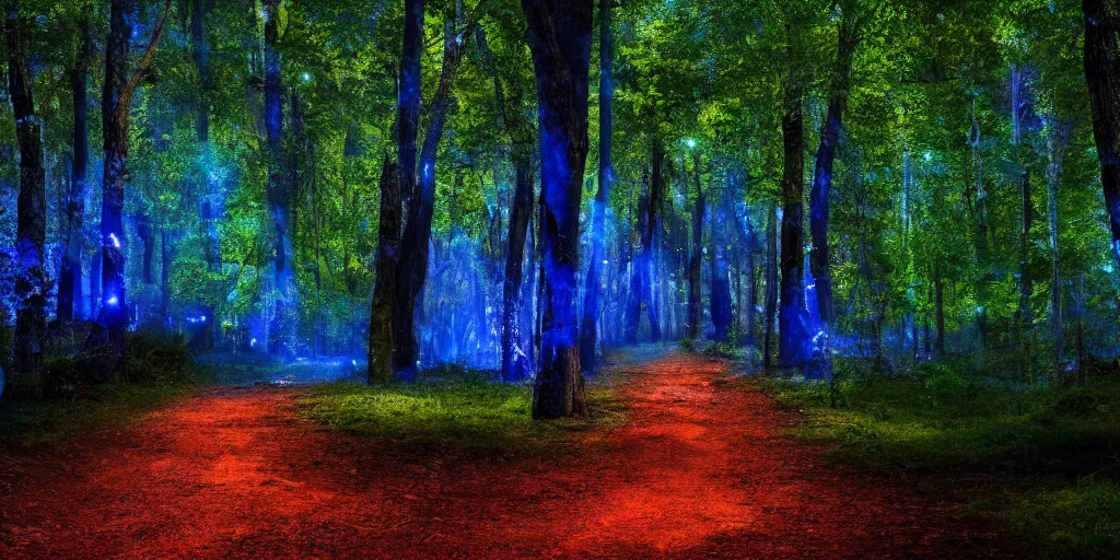 Prompt: The forest path with light lighting it and fireflys, 4k, highly detailed, vivid colors, high definition, Rocha, Andreas