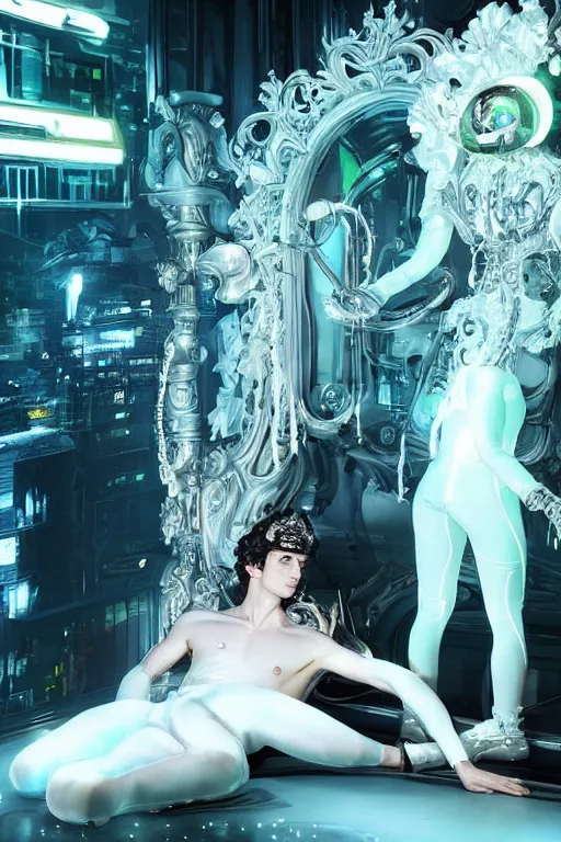 Image similar to full-body rococo and cyberpunk style neon statue of a muscular attractive Timothée Chalamet macho dotado e rico android sim roupa reclining con las piernas abertas e la piroca dura, glowing white lasers, glowing eyes, silver prince crown, silver steampunk gears, white diamonds, swirling mint-colored silk fabric. futuristic elements. ethereal white dripping tar. full-length view. space robots. human skulls. large white balloon animals. intricate artwork by caravaggio. Trending on artstation, octane render, cinematic lighting from the right, hyper realism, octane render, 8k, depth of field, 3D