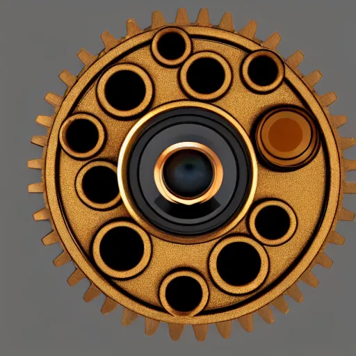 prompthunt: a camera lens made of cogs, gears, pistons, and steam. golden  and brown hues. 8 k. detailed. 3 d render