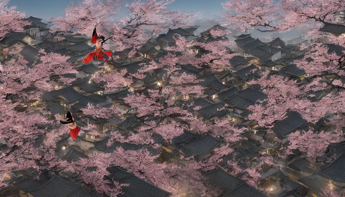 Prompt: samurai, jumping across rooftops, in a Japanese village, night time, surrounded by cherry blossom trees, highly detailed, stunning photo, cinematic lighting, perfect, 8K, ultra-detailed , Trending on artstation, Octane render, Unreal Engine,