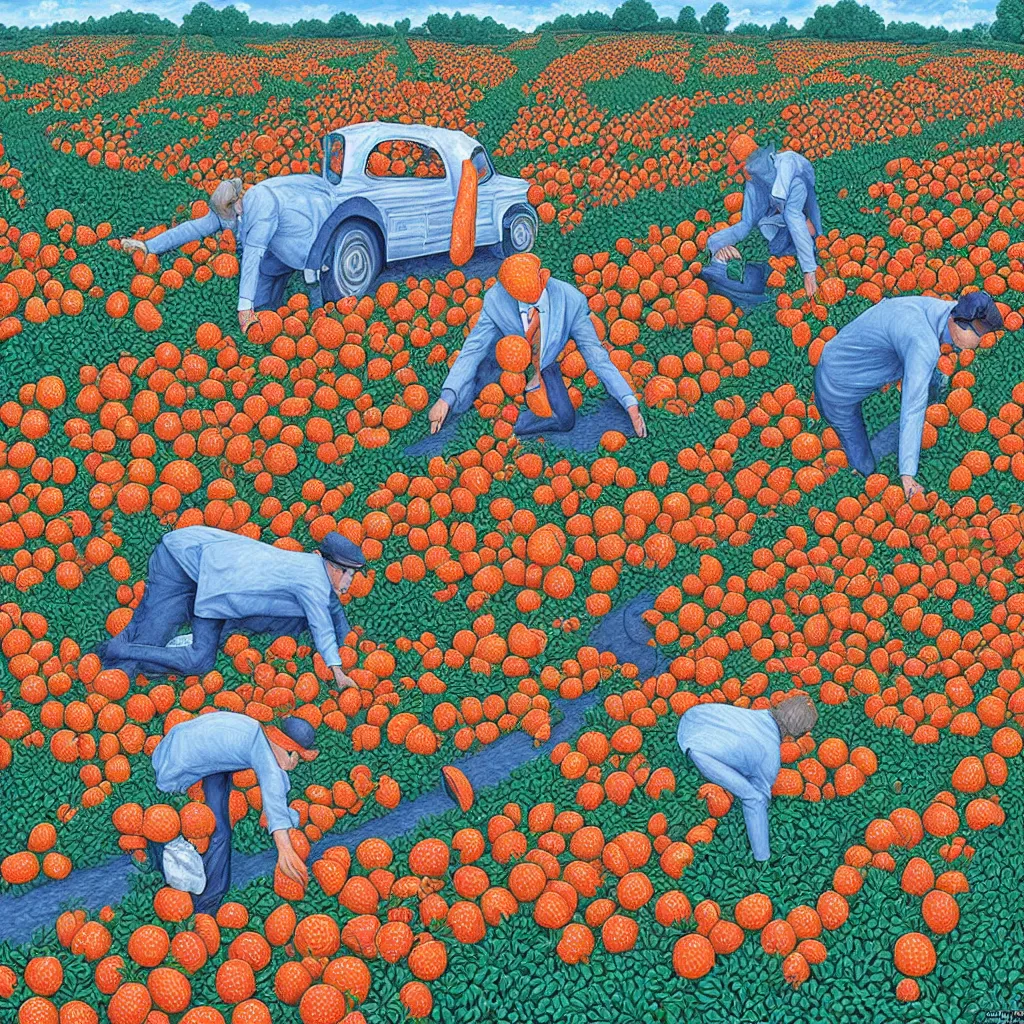 Prompt: a orange strawberry field seen by far in a car riding by, by Rob Gonsalves