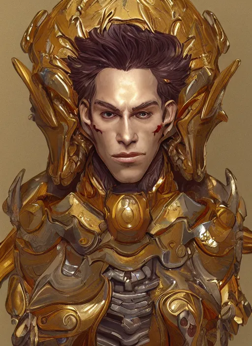 Image similar to gold paladin, james jean style, claymation style, perfect face, fantasy protrait