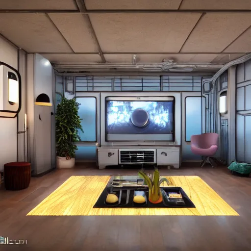 Prompt: Sci fi engine room living room, cybernetic wallpaper, thunderstrike walls, unreal engine 5 tech demo, zillow interior, cool tint, metallic reflective, octane render, Frank Lloyd Wright ((Studio Ghibli))