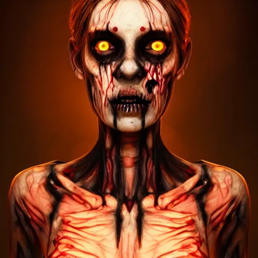 Image similar to high-quality centered portrait of an undead female zombie with a short thick nose and face warpaint, rough dark dirty skin showing the thin veins underneath, glowing slanted upturned yellow eyes::Octane render, trending on artstation, featured on behance, unreal engine::dramatic lighting, volumetric lighting, Global Illumination::art by James Christensen and Artgerm and Sophie Anderson and Eddie Mendoza