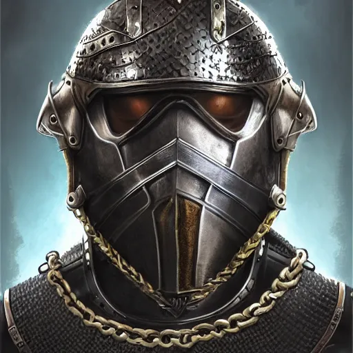 Image similar to realistic portrait, 30 year old man :: athletic, rough, angered :: short black hair :: medieval metal helmet open visir, chain mail :: high detail, digital art, RPG, concept art, illustration