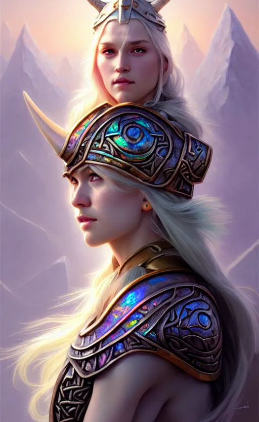 Image similar to iridescent opal viking warrior, winter, snow, morandi color scheme, hd, illustration, epic, d & d, fantasy, intricate, elegant, highly detailed, wide angle, digital painting, artstation, concept art, smooth, sharp focus, illustration, wallpaper, art by artgerm and greg rutkowski and alphonse mucha and jin xiaodi