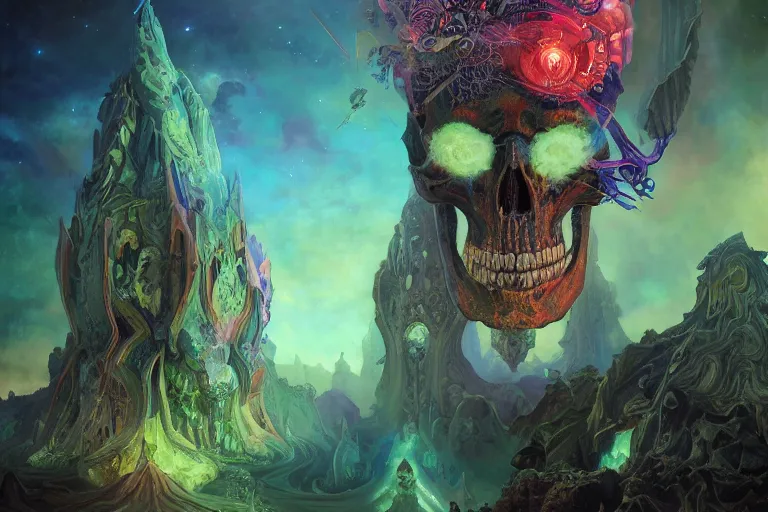 Image similar to gigantic demonic cosmic skull of death, outer space, fantasy painting, ultra realistic, dmt, symmetrical, wide angle, intricate details, digital painting, rainbowshift, vivid colors, highly detailed by peter mohrbacher, h. r. giger, maxfield parrish, alphonse mucha, craig mullins, octane render, cgi