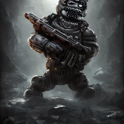 Image similar to anthropomorphic Penguin (Five Nights at Freddy's) in Gears of War cover art, ultra wide lens shot , tiny, small, short, cute and adorable, pretty, beautiful, DnD character art portrait, matte fantasy painting, eerie, DeviantArt Artstation, by Jason Felix by Steve Argyle by Tyler Jacobson by Peter Mohrbacher, cinematic lighting