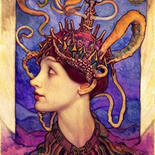 Image similar to the tentacle crown, by Annie Swynnerton and Nicholas Roerich! and (((Edmund Dulac))), bioluminescent skin, tattoos, elaborate costume, geometric ornament, symbolist, rich colors, dramatic lighting, smooth, sharp focus, extremely detailed