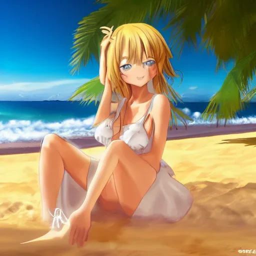 Image similar to smug anime girl at a beach, full body portrait, extremely detailed, pretty, sunny, sparkling sand, waves, lush, cinematic lighting, anime,