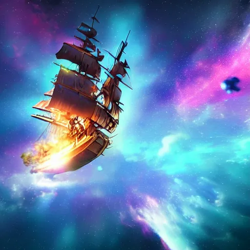 Image similar to pirate ship floating in space, colorful nebula, cinematic, unreal engine