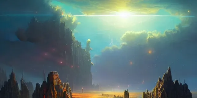 Image similar to a fleet of giant futuristic cubes in the sky glowing in sync, a fantasy magical landscape seen in the distance, atmospheric lighting, intricate, volumetric lighting, beautiful, sharp focus, ultra detailed, in the art style of marc simonetti, bowater charlie and brom gerald, astrophotography