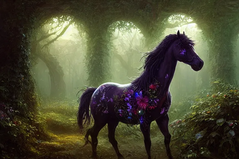 Image similar to a stunning horse with a thick mane of bioluminescent vines and flowers running through the woods by greg rutkowski, high key lighting, volumetric light, digital art, highly detailed, fine detail, intricate, ornate, complex, octane render, unreal engine, photorealistic