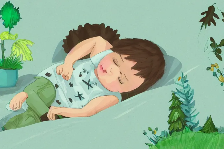 Image similar to a beautiful illustration of a little cute boy on his bed dreaming about a beautiful green forest with cute animals, detailed face, beautiful colors, digital art