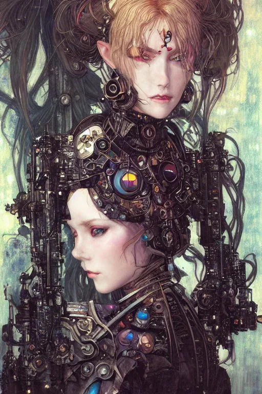 Image similar to portrait of beautiful young gothic maiden, cyberpunk, Warhammer, highly detailed, artstation, illustration, art by Gustav Klimt and Range Murata