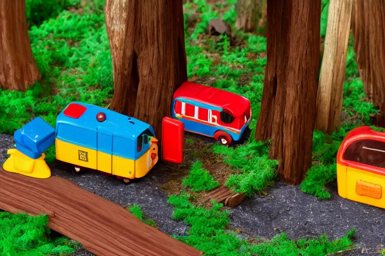 Prompt: fisher price redwood forest, california scene from tv show 5 5 mm 8 5 mm, toy photography, made out of plastic