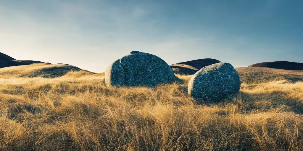 Prompt: a breathtaking epic surreal render of windswept grassy dunes, scandinavian landscape, blue - green grass, dunes, a withered glacial erratic in center in focus, blue tint, ultra wide shot, cinematic, 8 k, photorealistic, dramatic lighting