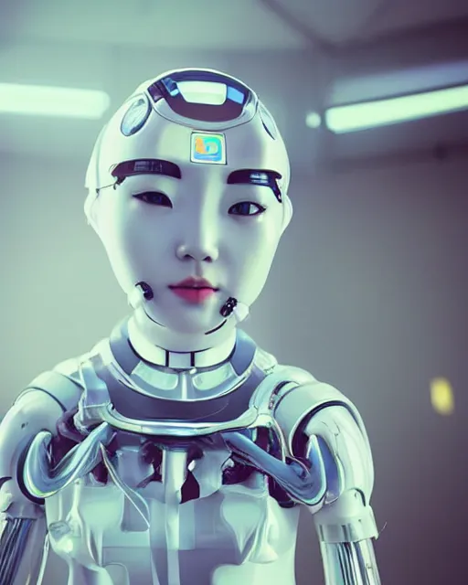 Image similar to beautiful centered photo portrait of korean girl as a solarpunk robotic humanoid with white mechanical parts with bright halogen lights, treading on calm water, ultra - realistic and detailed, sun lit, white background, bokeh, soft focus, slow exposure hdr 8 k