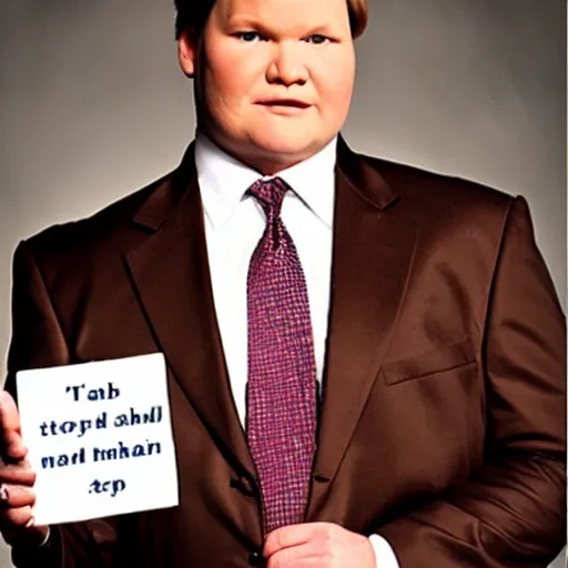 Prompt: Andy Richter is wearing a chocolate brown suit and necktie, holding a sign that reads Stop making these images of me of I WILL tell Conan!!