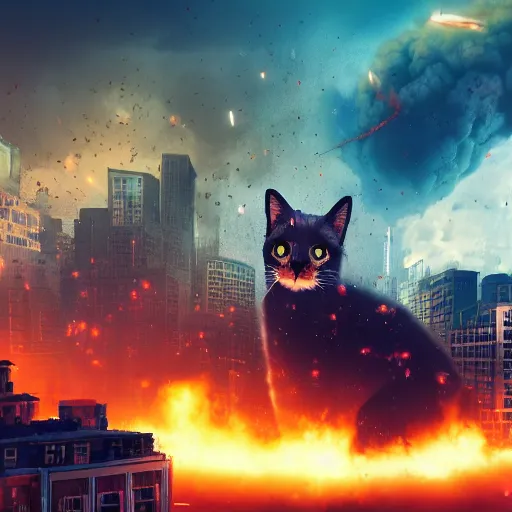 Image similar to giant cat destroying a city, explosions in the background, 4 k,